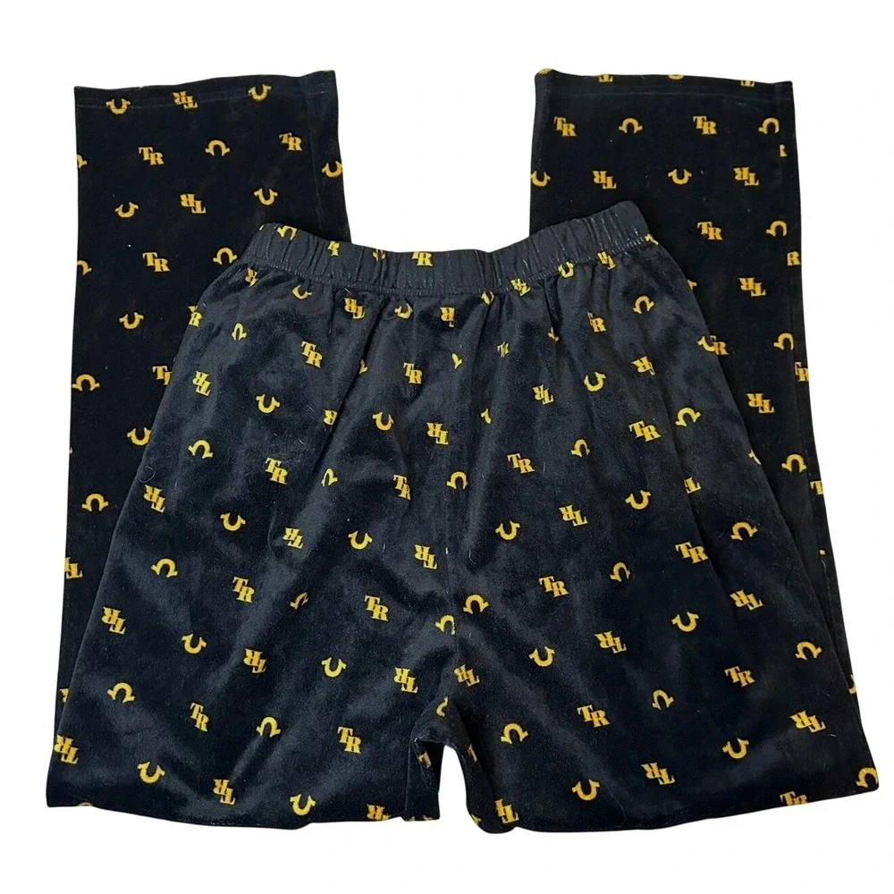 True‎ Religion Mens Fleece Lounge Pajama Pants Black Yellow Monogram Logo Large